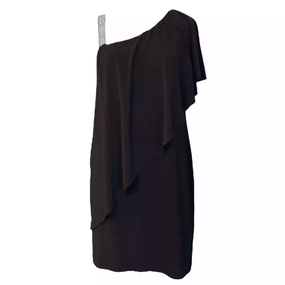 Roz & Ali Black One-Shoulder Draped Cocktail Dress with Jeweled Strap